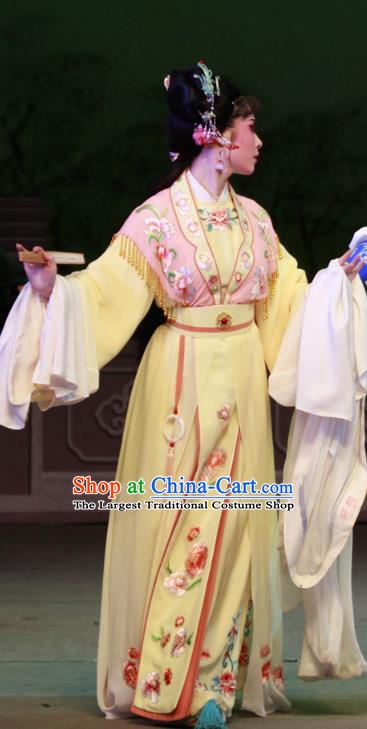 Chinese Shaoxing Opera Hua Tan Yellow Dress Costumes and Headpieces Chun Cao Yue Opera Rich Lady Li Banyue Garment Apparels
