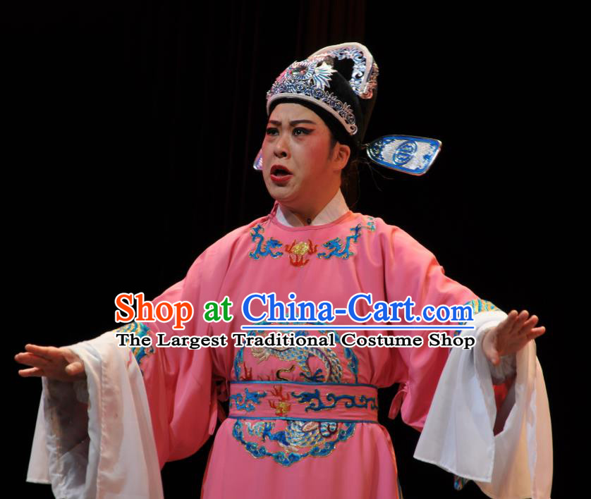 Chinese Yue Opera Xiaosheng Qing Jian Fan Ying Apparels and Headwear Shaoxing Opera Young Man Garment Pink Official Embroidered Robe Costumes