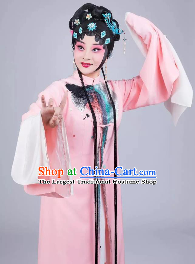 Chinese Kun Opera Mistress Li Ruoshui Pink Dress Costumes and Headpieces Wu Shi Ji Kunqu Opera Young Female Garment Apparels