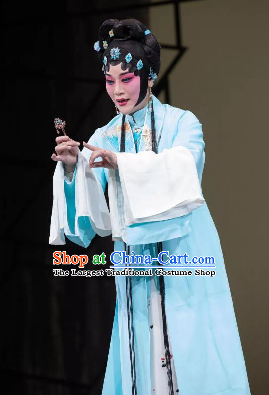 Chinese Kun Opera Hua Tan Li Ruoshui Blue Dress Costumes and Headpieces Heros Kunqu Opera Actress Young Female Garment Apparels