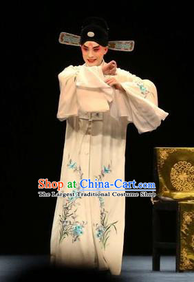Bai Luo Shan Chinese Kun Opera Young Male Apparels Garment Costumes and Headwear Kunqu Opera Scholar Xu Jizu White Robe Clothing
