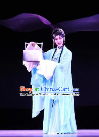Chinese Kun Opera Young Female Yun Niang Apparels Costumes and Headpieces Six Chapters of a Floating Life Kunqu Opera Actress Blue Dress Garment