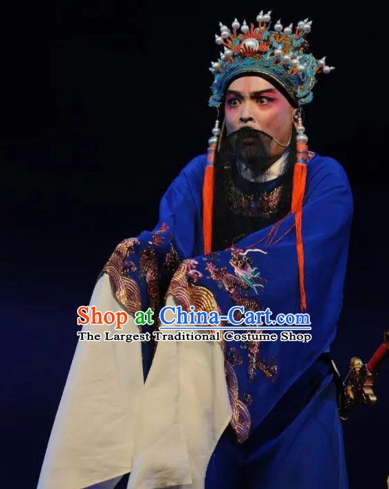 Jing Yang Zhong Chinese Kun Opera Emperor Chongzhen Blue Embroidered Robe Costumes and Headwear Kunqu Opera Laosheng Garment Elderly Male Apparels