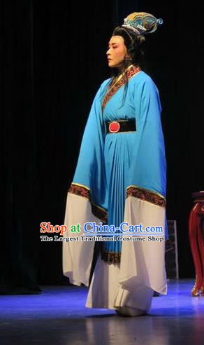 Chinese Shaoxing Opera Young Male Garment Yue Opera The Peacocks Fly To The Southeast Apparels Scholar Jiao Zhongqing Blue Costumes and Headwear