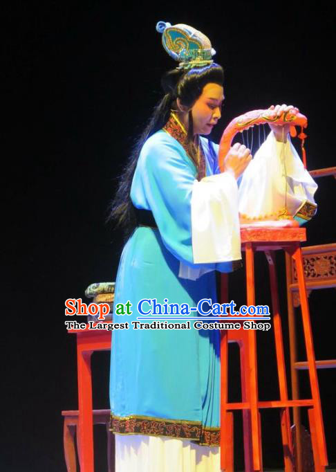 Chinese Shaoxing Opera Young Male Garment Yue Opera The Peacocks Fly To The Southeast Apparels Scholar Jiao Zhongqing Blue Costumes and Headwear