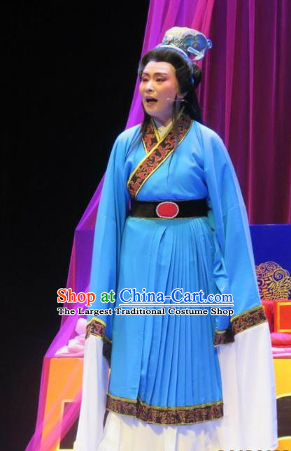 Chinese Shaoxing Opera Young Male Garment Yue Opera The Peacocks Fly To The Southeast Apparels Scholar Jiao Zhongqing Blue Costumes and Headwear