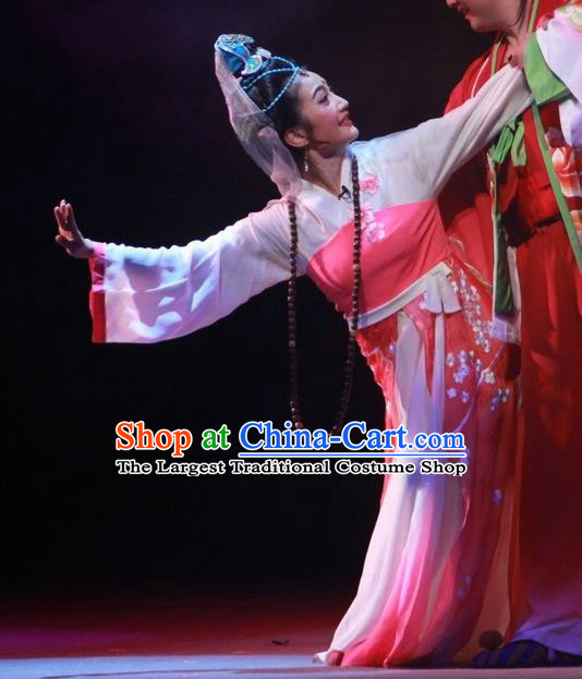 Chinese Huangmei Opera Young Female Costumes Apparels and Headdress Escaping From the Temple Traditional Anhui Opera Taoist Nun Pink Dress Garment