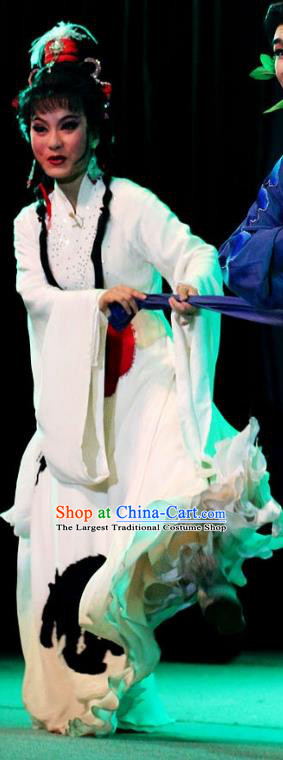 Chinese Huangmei Opera Hua Tan Costumes Apparels and Headdress Qian Yu Jin Traditional Anhui Opera Crane Faity A Ling White Dress Garment