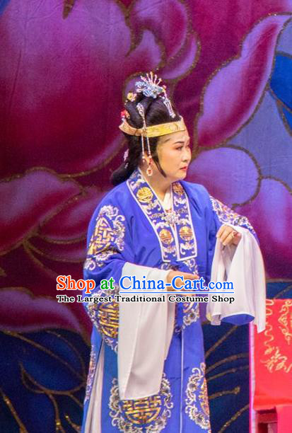 Chinese Shaoxing Opera Elderly Female Costumes The Pearl Tower Apparels Yue Opera Garment Rich Dame Blue Cape and Headdress