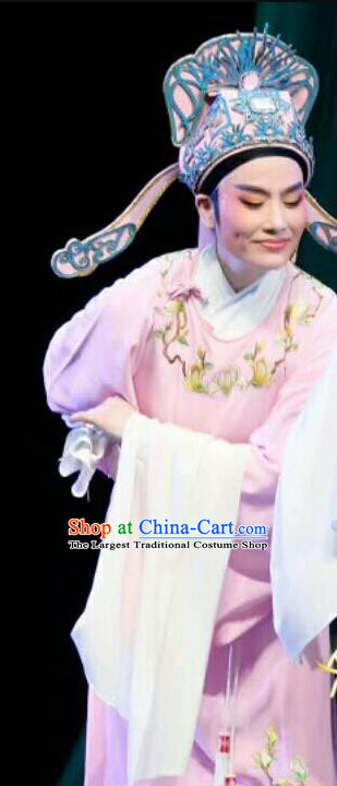 Chinese Shaoxing Opera Xiao Sheng Jiao Zhongqing Garment and Hat Yue Opera The Peacocks Fly To The Southeast Apparels Costumes Niche Pink Robe