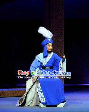 Chinese Shaoxing Opera Xiao Sheng Blue Garment and Hat Yue Opera Desert Prince Apparels Costumes Young Male Robe