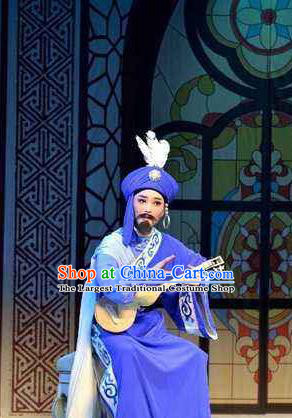 Chinese Shaoxing Opera Xiao Sheng Blue Garment and Hat Yue Opera Desert Prince Apparels Costumes Young Male Robe