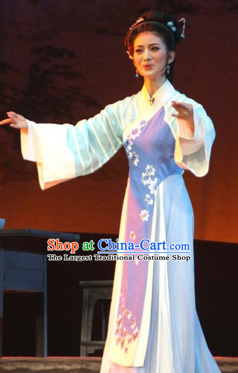 Chinese Huangmei Opera Young Female Garment Costumes and Headpieces Li Shizhen Traditional Anhui Opera Blue Dress Apparels