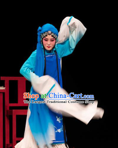 Chinese Huangmei Opera Distress Woman Garment Costumes and Headdress Luo Pa Ji Traditional Anhui Opera Actress Chen Saijin Blue Dress Apparels