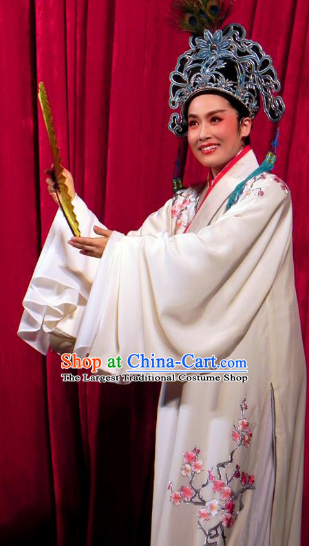 The Bridal Chamber Chinese Classical Shaoxing Opera Young Male Costumes Garment Yue Opera Apparels Xiao Sheng Embroidered White Robe and Hat