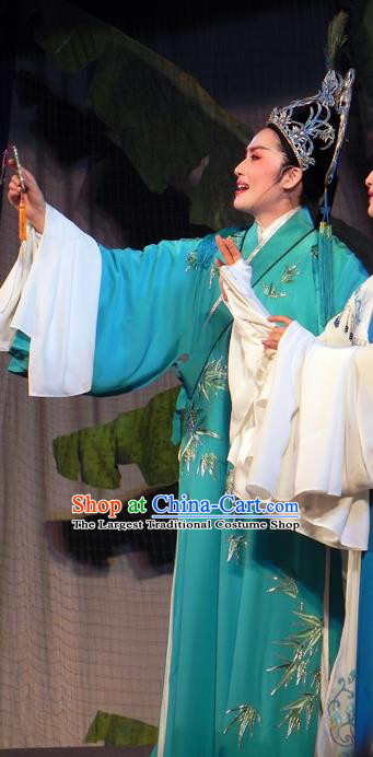 Chinese Classical Shaoxing Opera The Bridal Chamber Young Male Costumes Garment Yue Opera Apparels Xiao Sheng Embroidered Green Robe and Headwear