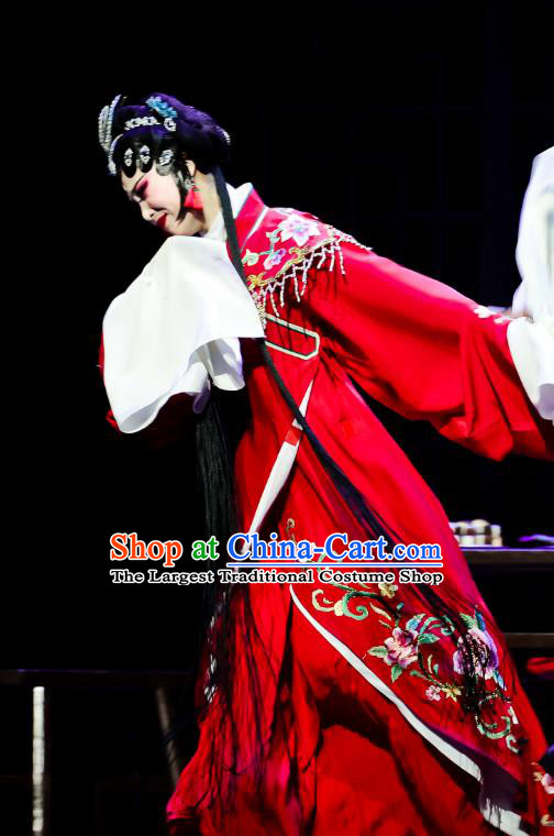 Chinese Huangmei Opera Actress Red Garment Costumes and Headdress Ji Mo Han Qing Traditional Anhui Opera Hua Tan Wedding Dress Apparels