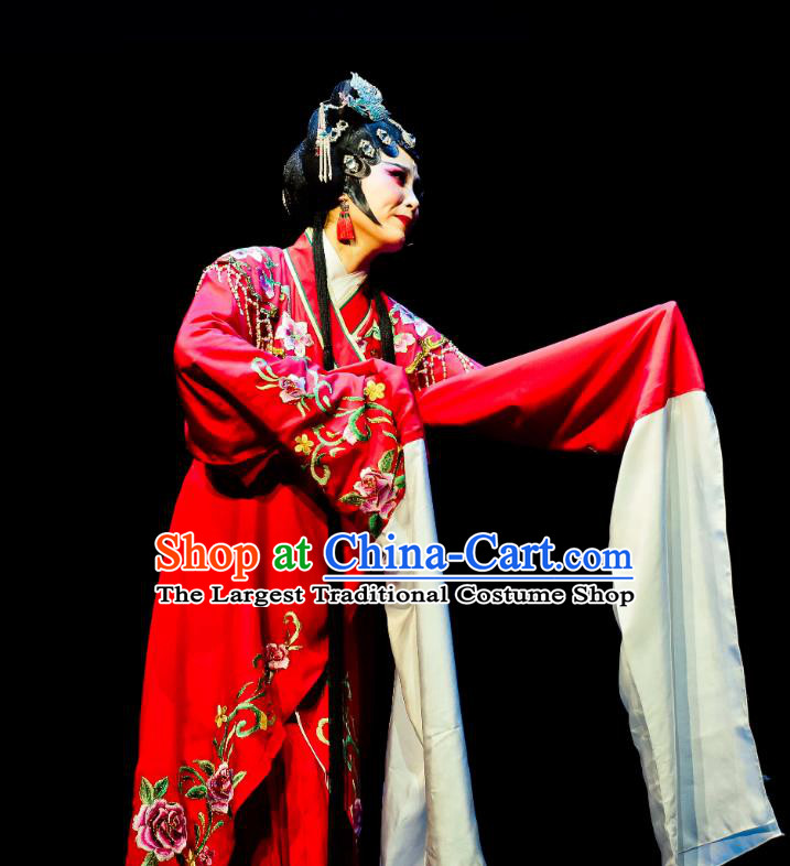 Chinese Huangmei Opera Actress Red Garment Costumes and Headdress Ji Mo Han Qing Traditional Anhui Opera Hua Tan Wedding Dress Apparels