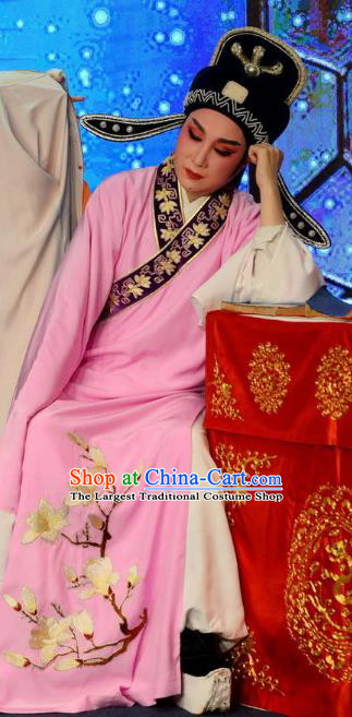 Chinese Classical Shaoxing Opera Scholar Wang Yulin The Jade Hairpin Costumes Garment Yue Opera Apparels Young Man Pink Garment and Hat