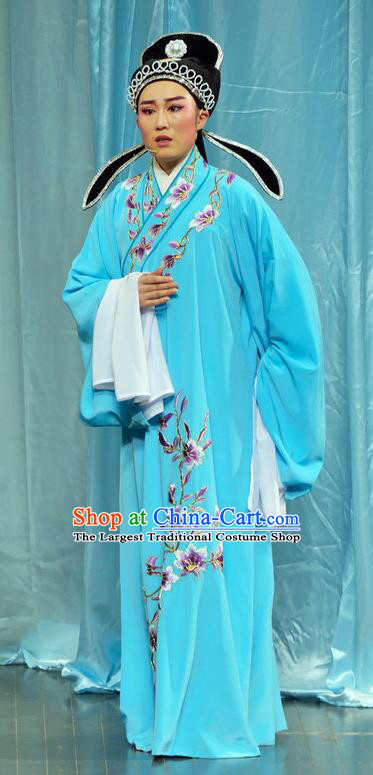 Chinese Classical Shaoxing Opera Young Man Blue Robe The Jade Hairpin Costumes Garment Yue Opera Scholar Wang Yulin Garment Apparels and Hat