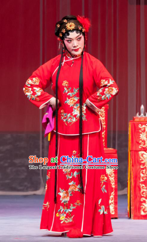 Chinese Ping Opera Young Female Geng Niang Red Costumes Apparels and Headpieces Traditional Pingju Opera Wedding Dress Garment