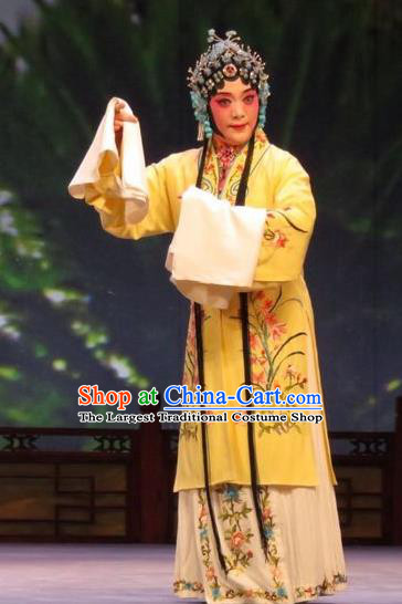 Chinese Ping Opera Diva Wang Sanqiao Apparels Costumes and Headdress Zhen Zhu Shan Traditional Pingju Opera Hua Tan Yellow Dress Garment