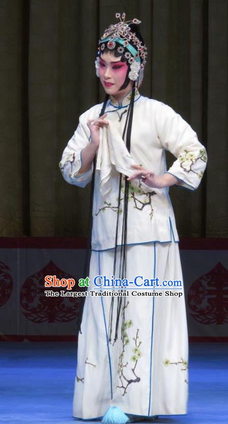 Chinese Ping Opera Hua Tan Garment Costumes and Headdress Jie Nv Qiao Pei Traditional Pingju Opera Actress Li Fengying White Dress Apparels
