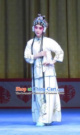 Chinese Ping Opera Hua Tan Garment Costumes and Headdress Jie Nv Qiao Pei Traditional Pingju Opera Actress Li Fengying White Dress Apparels