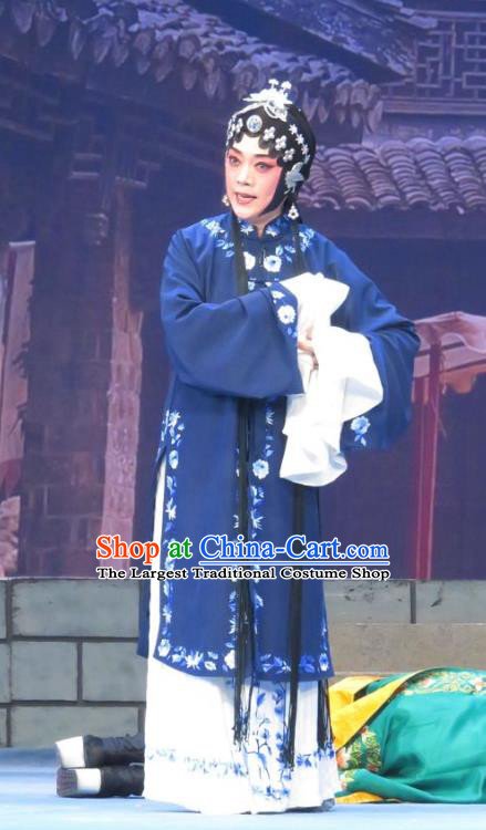 Chinese Ping Opera Tsing Yi Costumes Apparels and Headdress Bao Gong San Kan Butterfly Dream Traditional Pingju Opera Actress Blue Dress Garment
