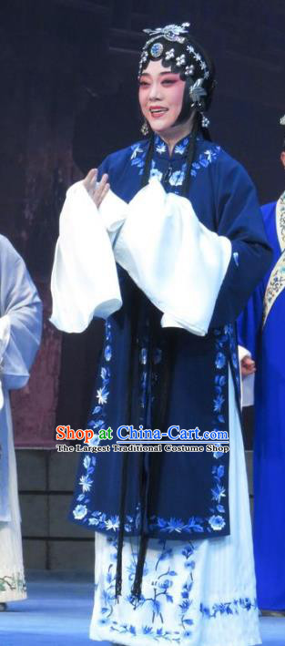 Chinese Ping Opera Tsing Yi Costumes Apparels and Headdress Bao Gong San Kan Butterfly Dream Traditional Pingju Opera Actress Blue Dress Garment