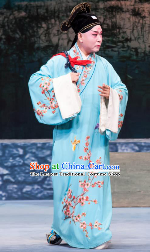 Geng Niang Chinese Ping Opera Scholar Jin Dayong Costumes and Headwear Pingju Opera Xiaosheng Young Man Blue Apparels Clothing