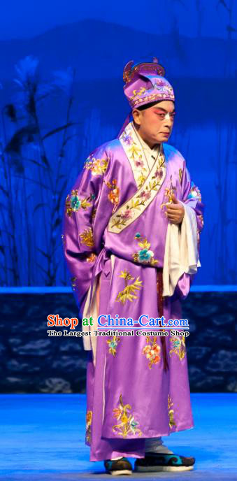 Geng Niang Chinese Ping Opera Bully Wang Shiba Costumes and Headwear Pingju Opera Robber Purple Apparels Clothing