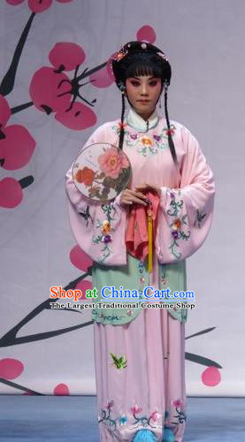 Chinese Ping Opera Actress Servant Girl Pink Costumes and Headpieces Xue Yu Bing Shuang Traditional Pingju Opera Young Lady Ai Yu Dress Garment Apparels