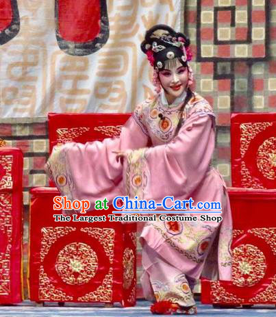 Chinese Ping Opera Xiao Dan Costumes Yu He Qiao Apparels and Headdress Traditional Pingju Opera Young Lady Pink Dress Garment