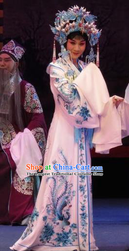 Chinese Ping Opera Yang Sanchun Apparels Costumes and Headdress The Five Female Worshipers Traditional Pingju Opera Hua Tan White Dress Garment