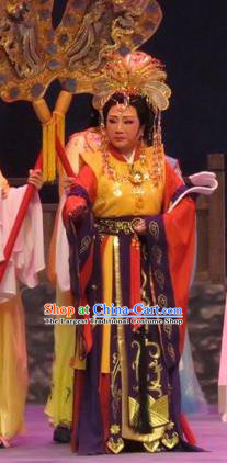 Chinese Ping Opera Goddess Queen Apparels Costumes and Headdress Legend of Love Traditional Pingju Opera Queen Mother Dress Garment