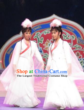 Chinese Ping Opera Actress Apparels Costumes and Headpieces Legend of Love Traditional Pingju Opera Diva Goddess White Dress Garment