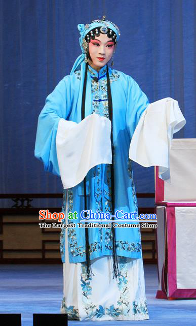 Chinese Ping Opera Hua Tan Apparels Costumes and Headpieces Linjiang Post Traditional Pingju Opera Actress Zhang Cuilan Blue Dress Garment