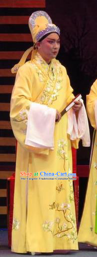 The Five Female Worshipers Chinese Ping Opera Scholar Yellow Robe Costumes and Headwear Pingju Opera Xiaosheng Apparels Clothing