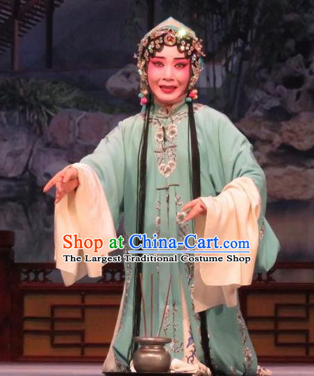 Chinese Ping Opera Huadan Actress Apparels Costumes and Headpieces Remember Back to the Cup Traditional Pingju Opera Green Dress Garment