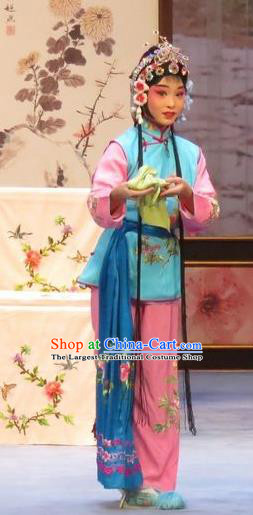 Chinese Ping Opera Young Lady Maidservant Apparels Costumes and Headdress Peach Blossom Temple Traditional Pingju Opera Xiaodan Dress Garment