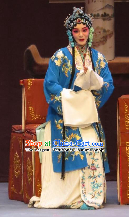 Chinese Ping Opera Young Mistress Apparels Costumes and Headdress Peach Blossom Temple Traditional Pingju Opera Diva Actress Blue Dress Garment