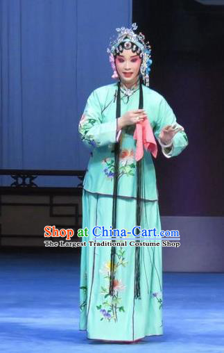 Chinese Ping Opera Huadan Costumes Apparels and Headpieces Traditional Pingju Opera Young Beauty Green Dress Actress Garment