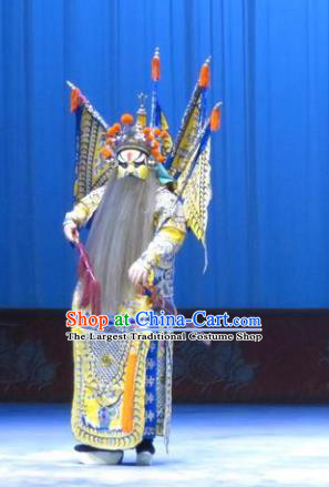 San Kan Yu Mei Chinese Ping Opera Laosheng Costumes and Headwear Pingju Opera Apparels Clothing General Liu Tianhua Kao Armor Suit with Flags