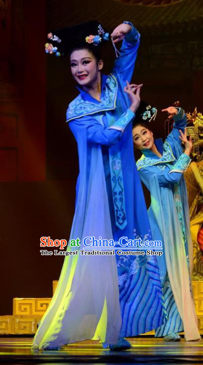 Chinese Ping Opera Palace Lady Costumes Apparels and Headdress Xiaozhuang Changge Traditional Pingju Opera Actress Blue Dress Garment