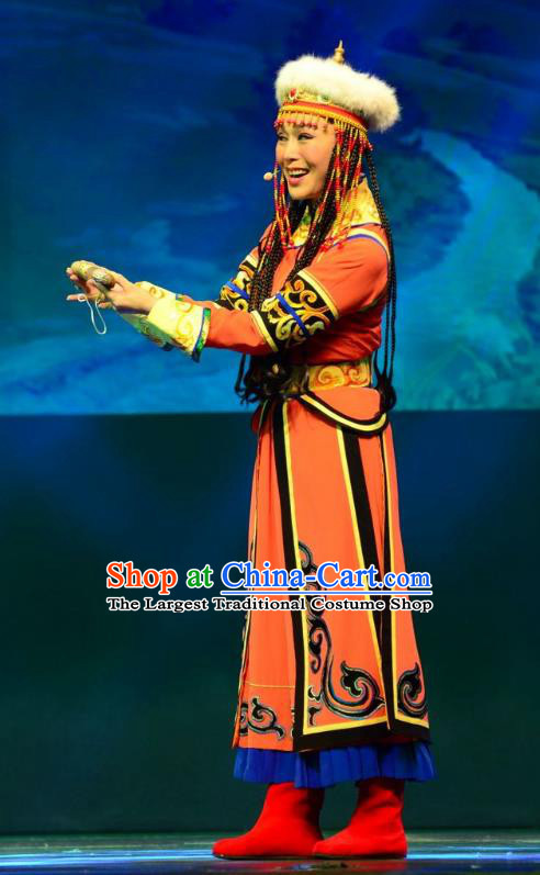 Chinese Ping Opera Princess Da Yuer Costumes Apparels and Headdress Xiaozhuang Changge Traditional Pingju Opera Actress Red Dress Ethnic Garment
