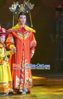 Chinese Ping Opera Qing Dynasty Empress Costumes Apparels and Headdress Xiaozhuang Changge Traditional Pingju Opera Actress Dress Queen Garment