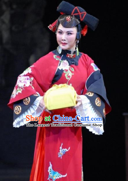 Chinese Ping Opera Actress Costumes Apparels and Headpieces Ji Yin Chuan Qi Traditional Pingju Opera Widow Leng Yuefang Red Dress Diva Garment
