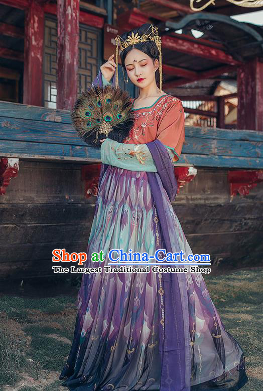 Chinese Traditional Tang Dynasty Hanfu Dress Ancient Royal Princess Embroidered Apparels Historical Costumes
