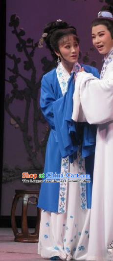 Chinese Shaoxing Opera Elderly Woman Garment Shuang Yu Chan Yue Opera Actress Costumes Middle Age Female Blue Dress Apparels and Hair Accessories